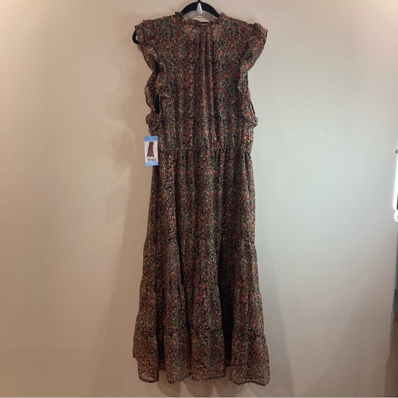 BB Dakota by Steve Madden Sz  L Ditsy Tiered Ruffled Neck Sleeve Midi Dress NEW - Picture 9 of 16